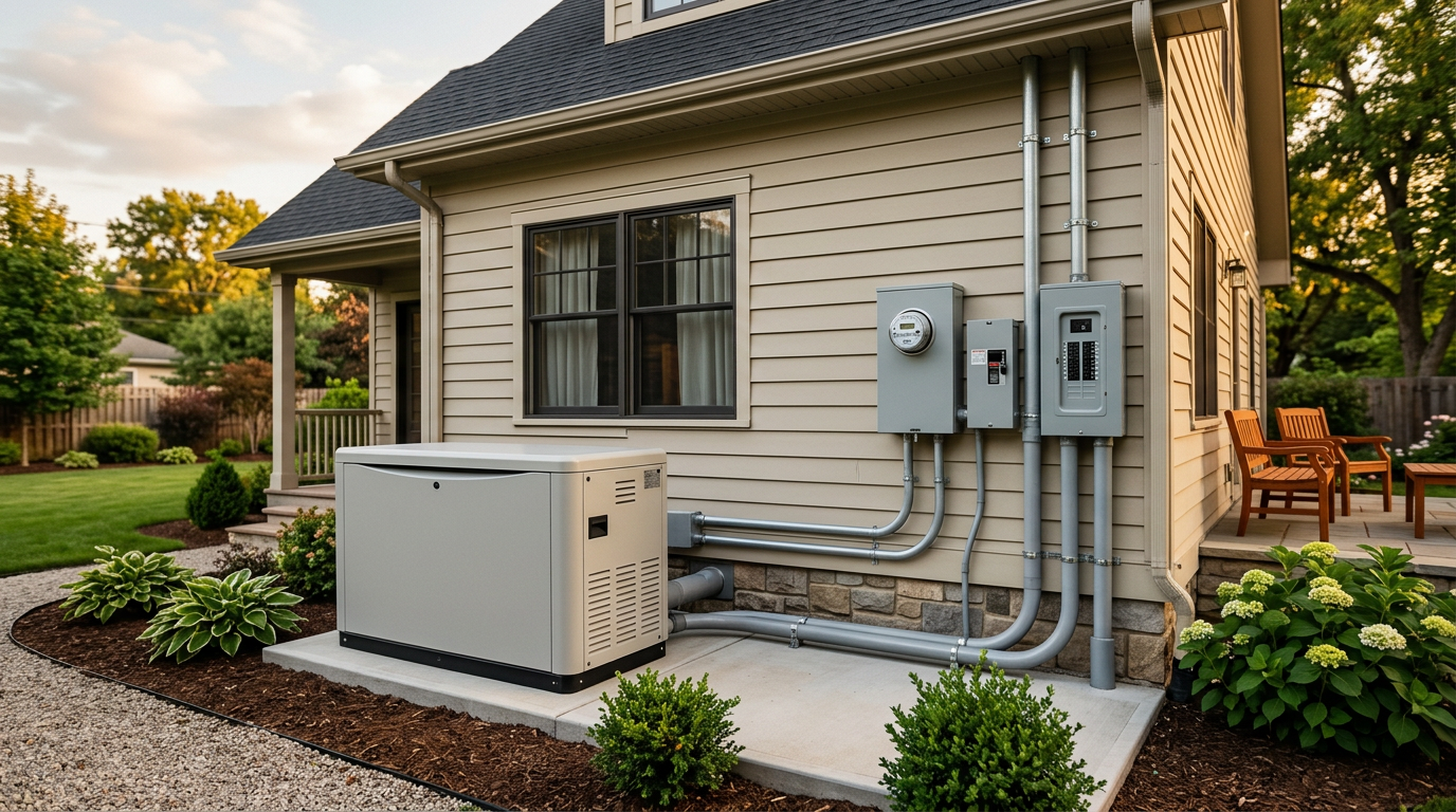 Standby generator and electrical metering enclosure at a residential property
